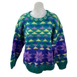 Gallagher Women's Blue Fair Isle Floral Long Sleeve Crew Neck Sweater Top Size L